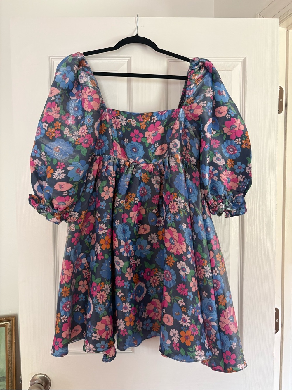 Storia Blue Multi Floral Puff Sleeve Square Neck Tunic